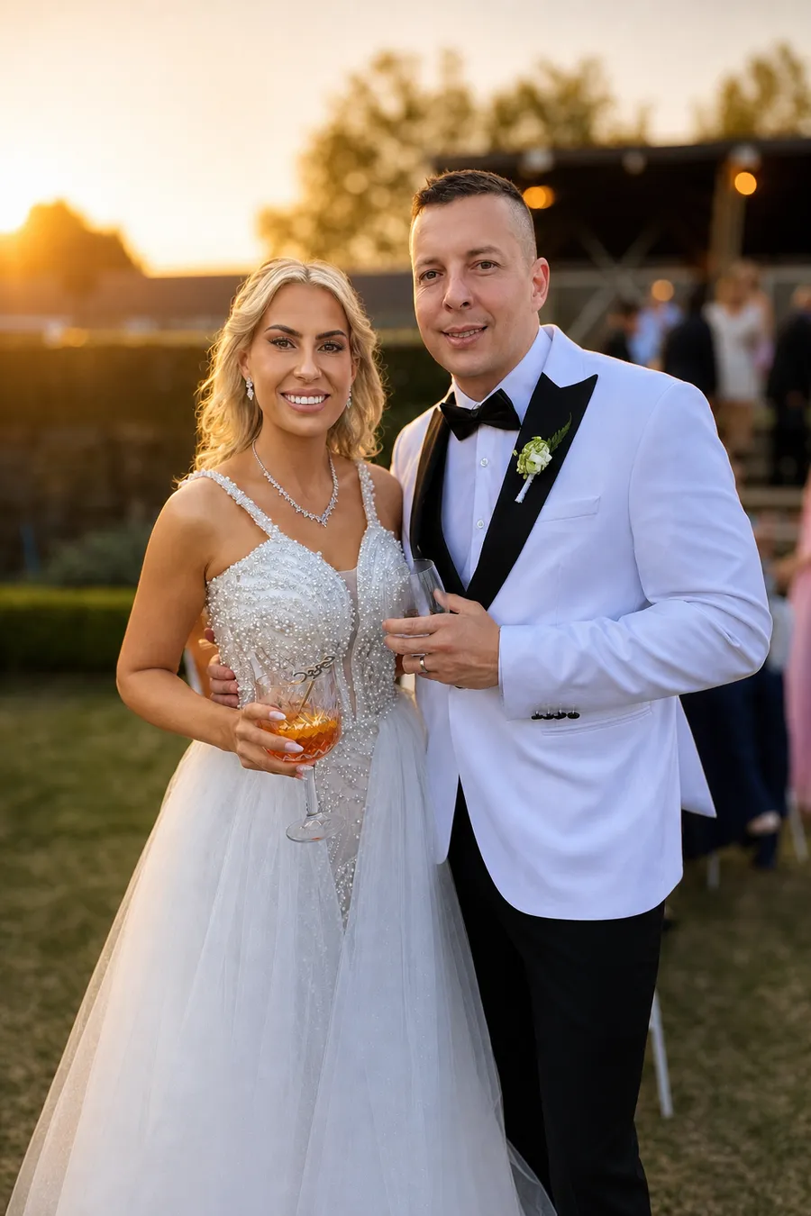 The same wedding couple photo after the PhotoPrint LAB kiosk's AI enhancement, printed as a premium keepsake