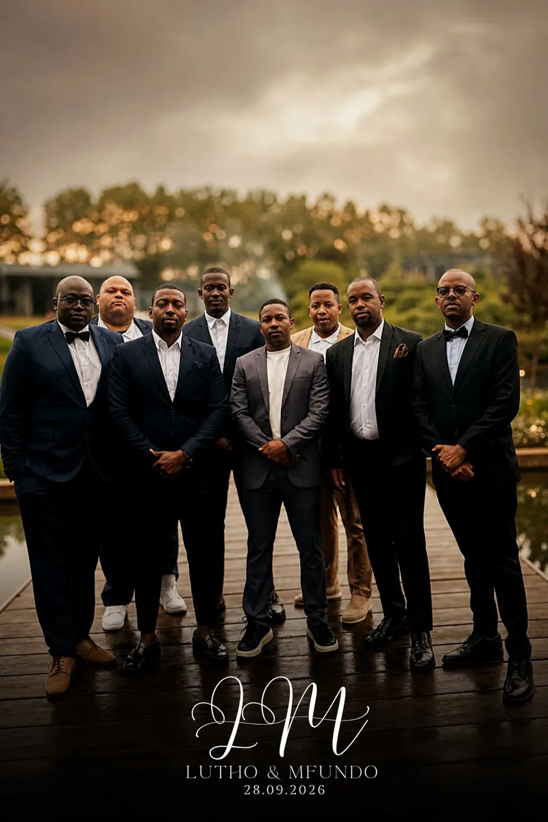 The same groomsmen after the kiosk&rsquo;s warm AI edit, printed with the couple&rsquo;s monogram