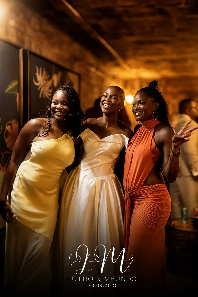 The same three guests after the kiosk&rsquo;s cinematic AI edit, printed with the couple&rsquo;s monogram