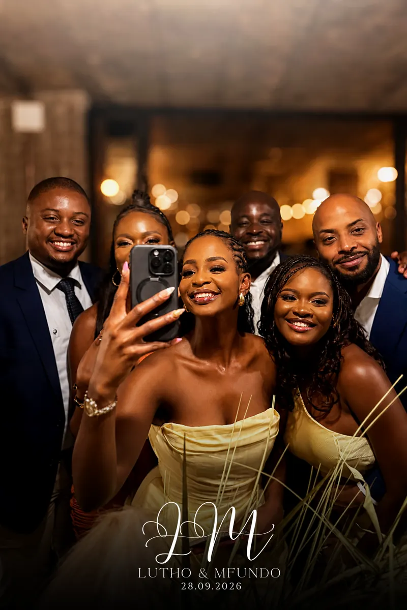 The same group selfie after the kiosk&rsquo;s warm cinematic AI edit