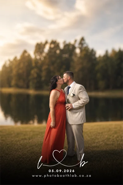 A printed keepsake postcard from the instant printing kiosk &mdash; a couple at a KZN Midlands wedding, with their monogram and date across the foot of the print