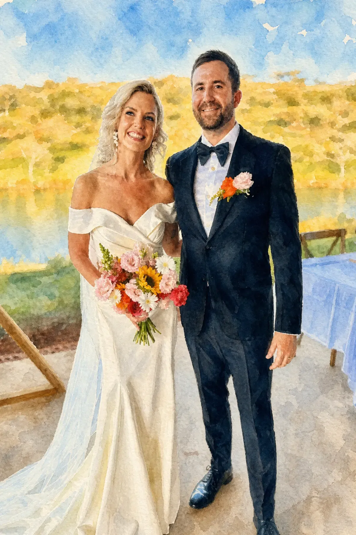 A wedding photograph turned into a watercolour painting by the instant printing kiosk