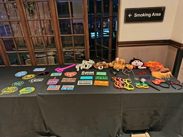 The props table laid out beside the photobooth at Champagne Sports Resort