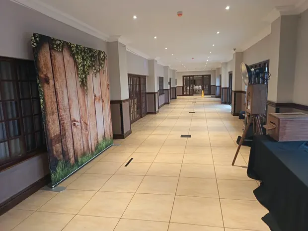 The timber backdrop set up along the foyer at Champagne Sports Resort
