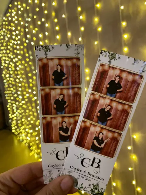 Two photostrips from a Fordoun wedding held against a wall of fairy lights