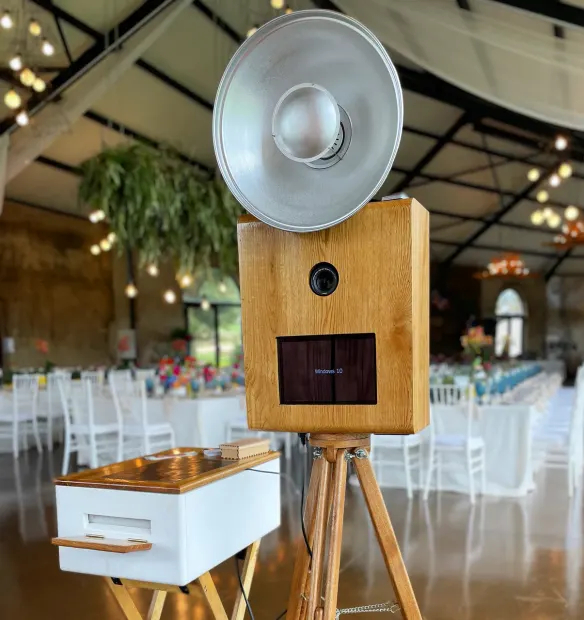 The photobooth on its tripod facing the set tables at Netherwood Farm