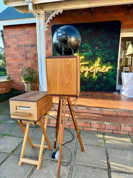 The photobooth and print box set up in the courtyard at Providence